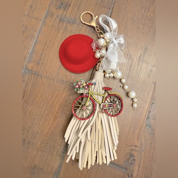 Handbag charm/keychain bicycle, red hat, beads and tassel. NWOT. - Picture 1 of 6